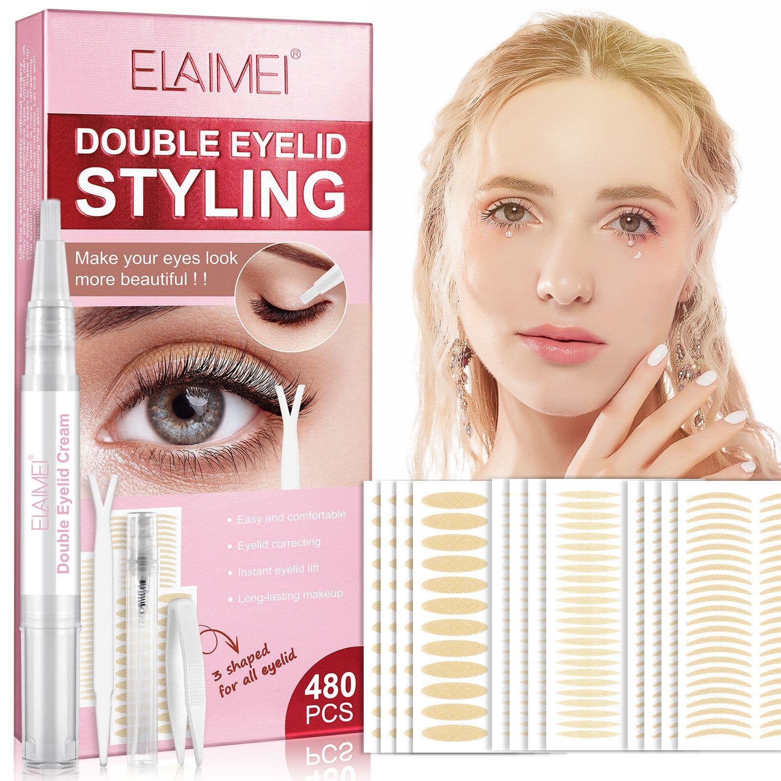 ELAIMEI Double Eyelid Tape Water-Activated 480 Pieces DOUBLE EYELID STYLING 3 Shapes