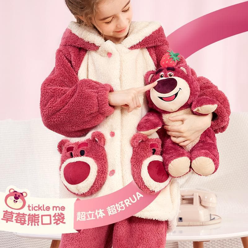 【Duomiao House】Girls' Autumn/Winter Coral Fleece Set Flannel Onesie Pajamas Thick Strawberry Bear Baby