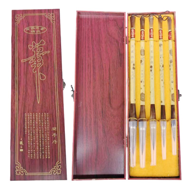 Wholesale high-end wooden pen box, imitation black, imitation Xiangfei bamboo pen holder, steel rod, five wolf hair brush set, gift box