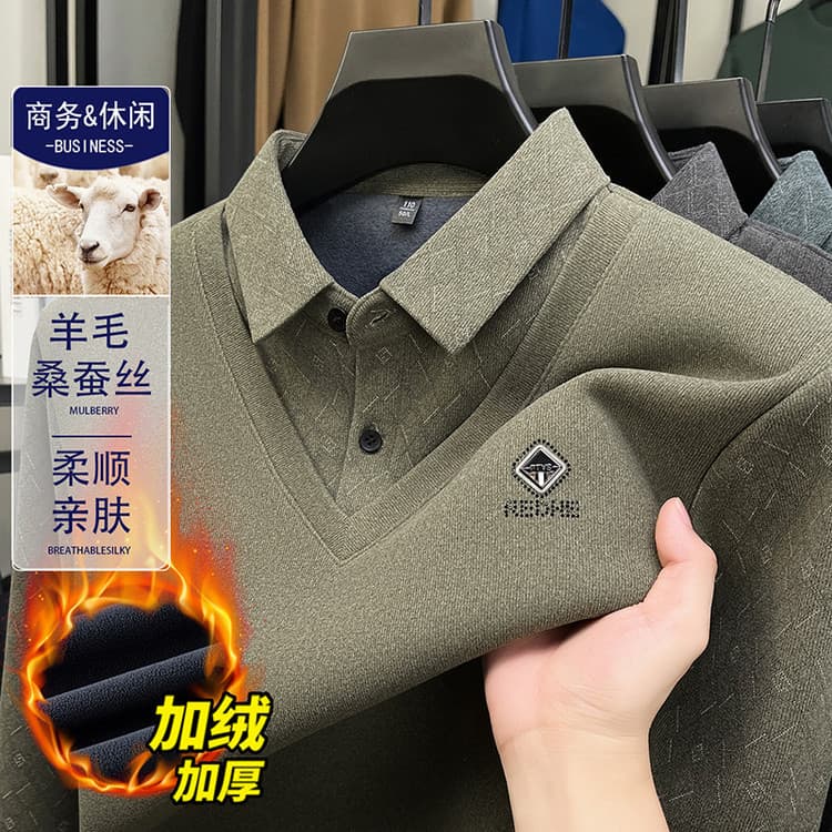 Wool Silk V-Neck Two-in-One Polo Shirt, 2025 Winter Fleece-Lined Thickened Work Wear Base Layer Men's Clothing