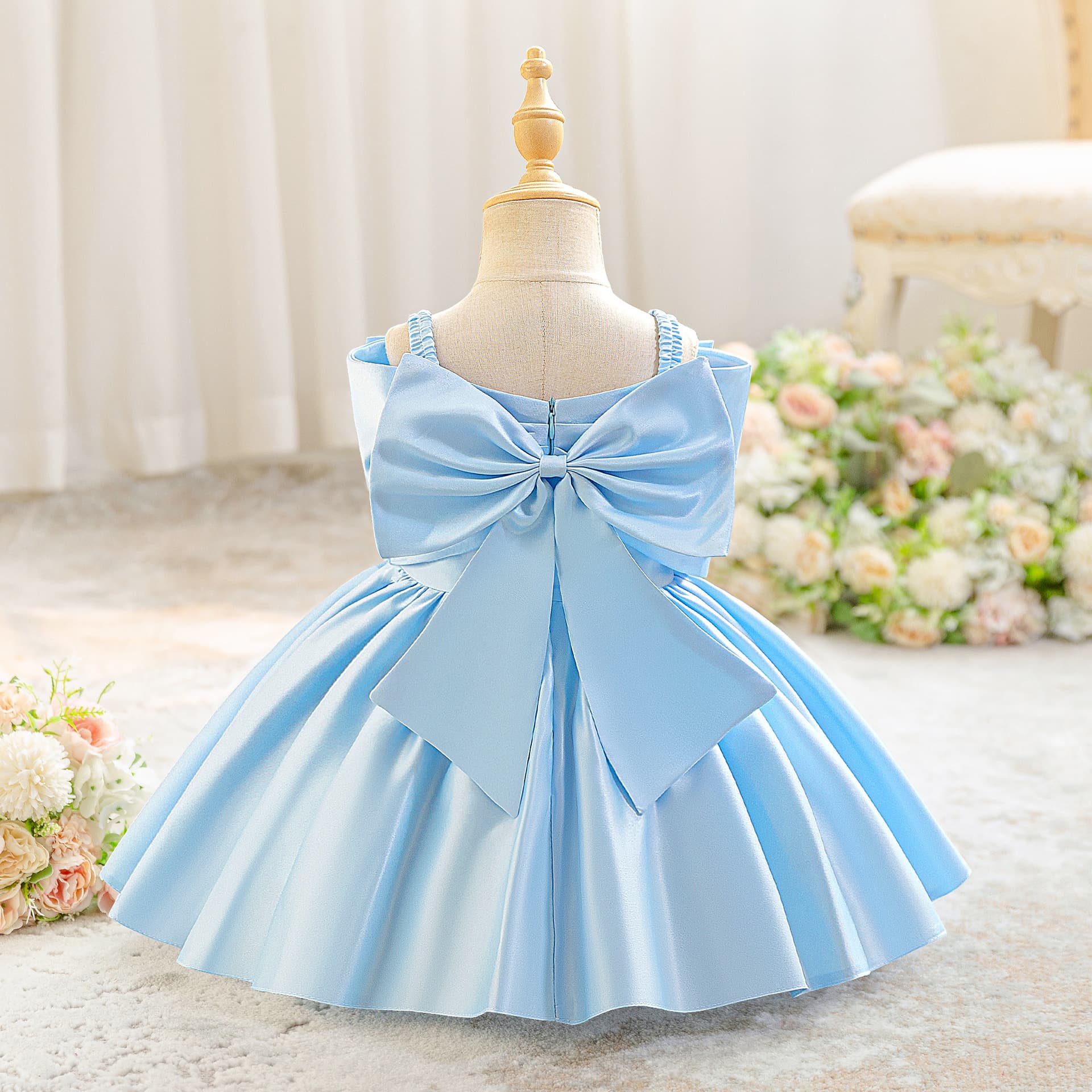 Amazon Baby Girl Gown Dress One-Shoulder Large Bow 1-Year-Old Princess Dress Children's Strapless Satin Dress