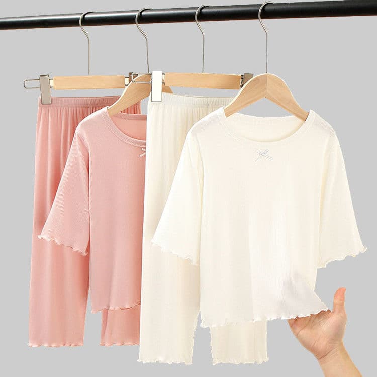 Girls Summer Short Sleeve Sleepwear Set Home Clothes Outfit Butterfly Knot Princess Style Ice Silk Soft And Antibacterial