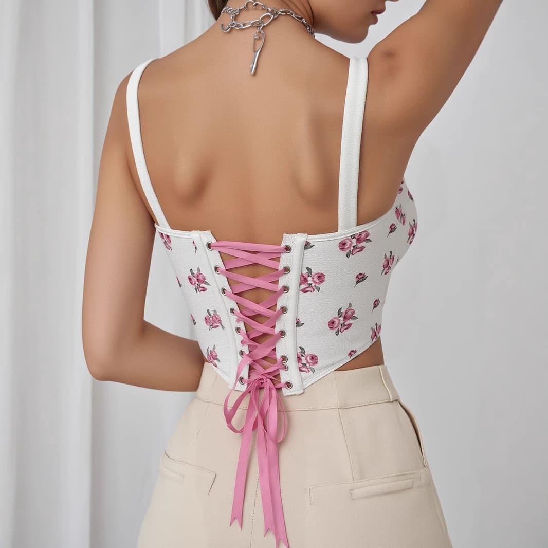 Amazon Fishbone Corset Sexy Lace-Up Back Strap Camisole Hot Girl Fishbone Print Waist Cincher European and American Style Wrap Top for Women
