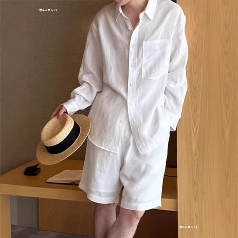 French old-money style cotton and linen shirt suit for men, thin breathable pocket long-sleeved Tencel linen cargo shorts set