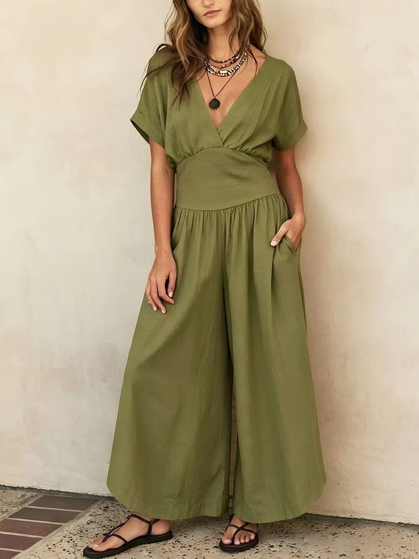 2026 Spring/Summer New Arrival Amazon Elegant V-Neck Waist-Cinching Casual Women's Jumpsuit