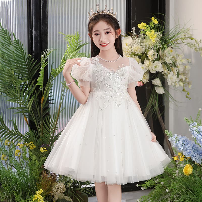Girls dress princess dress flower girl wedding dress little girl host piano playing white gauze skirt children's performance clothing