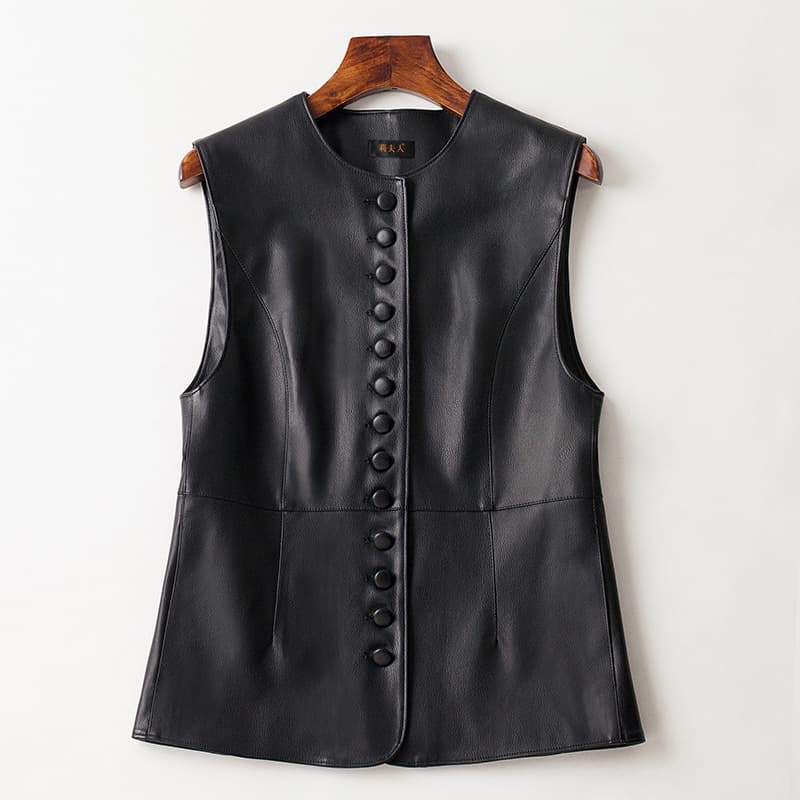 Women's Leather Vest 2025 Fall New Round Neck Slim Fit Sleeveless Waistcoat