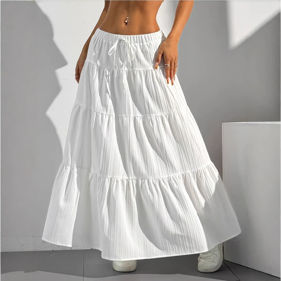 New European and American Cross-border Wish Spring/Summer Women's Skirt Tie-detail Patchwork Flared Long Skirt Loose Plus Size Women's Clothing