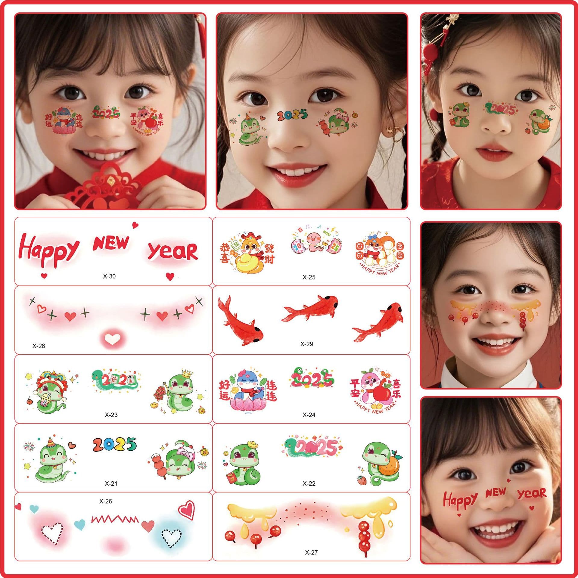 2025 Year of the Snake Spring Festival Children's Cute Face Makeup New Year's Eve Creative Face Stickers Girls Makeup Stickers Tattoo Stickers