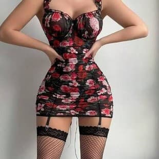New Tie-Up Tipsy Rose Sexy Lace Sheer Bodycon Slip Dress Flirting Sexy No-Removal Lingerie