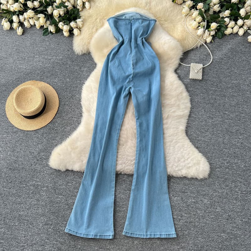 Spring/Summer European & American Ins Heavy-Duty 3D Floral Strapless Fitted Denim Jumpsuit with Waist Cinching and Flared Long Pants for Women