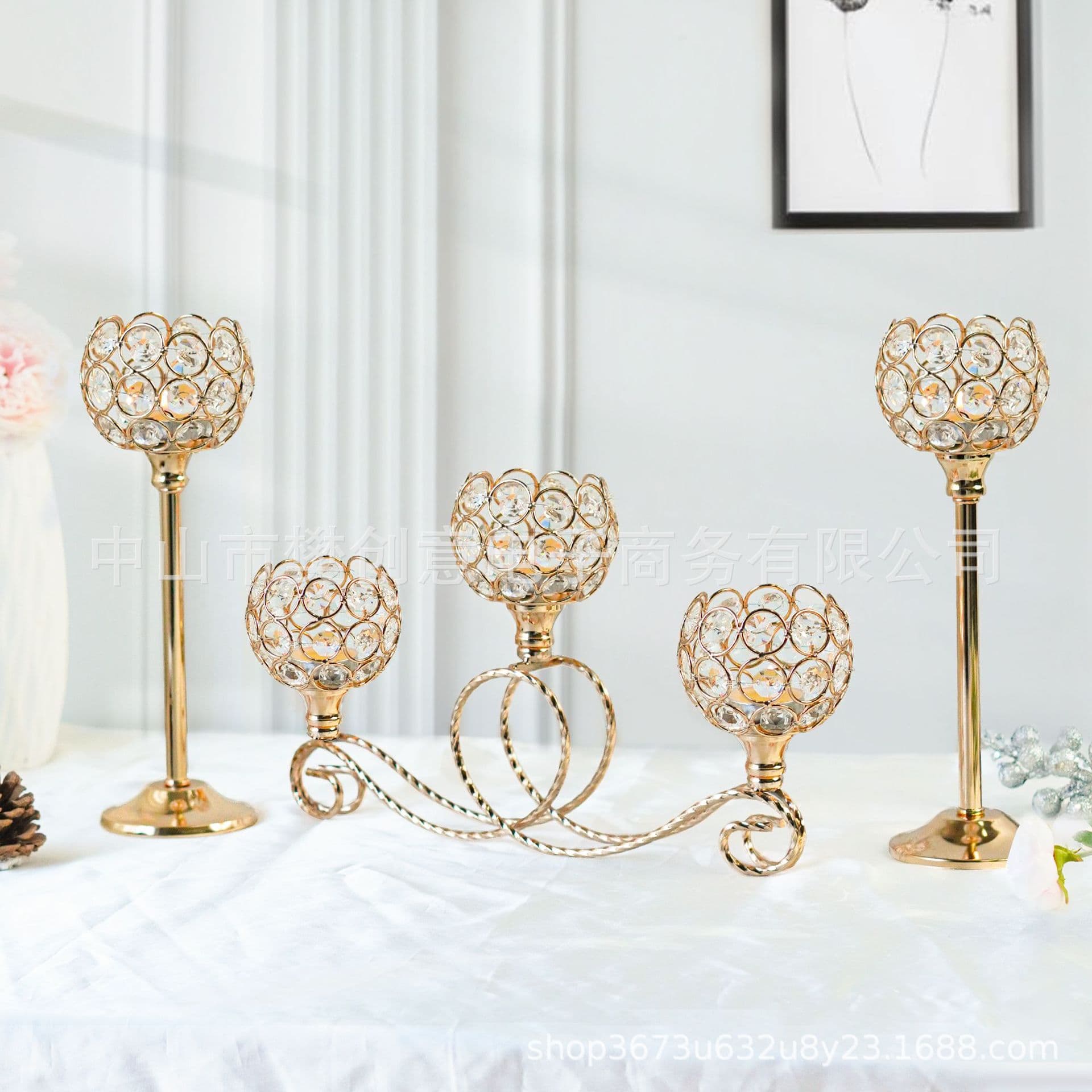 Crystal Tea Light Candle Holder 3/5 Head Metal Plated Wedding Candle Holder Table Home Decoration Ornament Cross-Border Supply