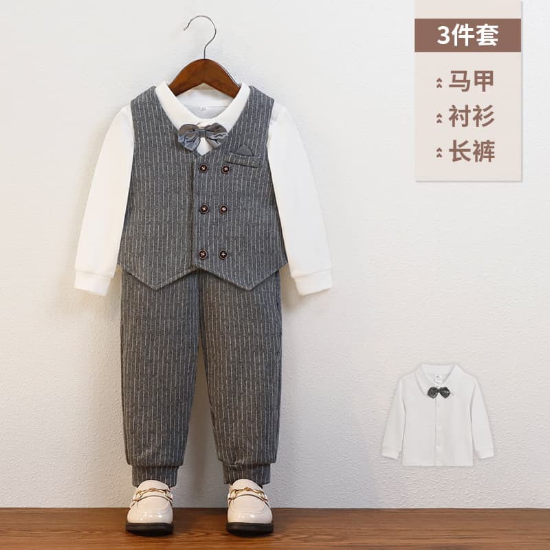 Children's Suit Baby First Birthday Outfit Boy Handsome British Style Three-Piece Vest Set Flower Boy Tuxedo