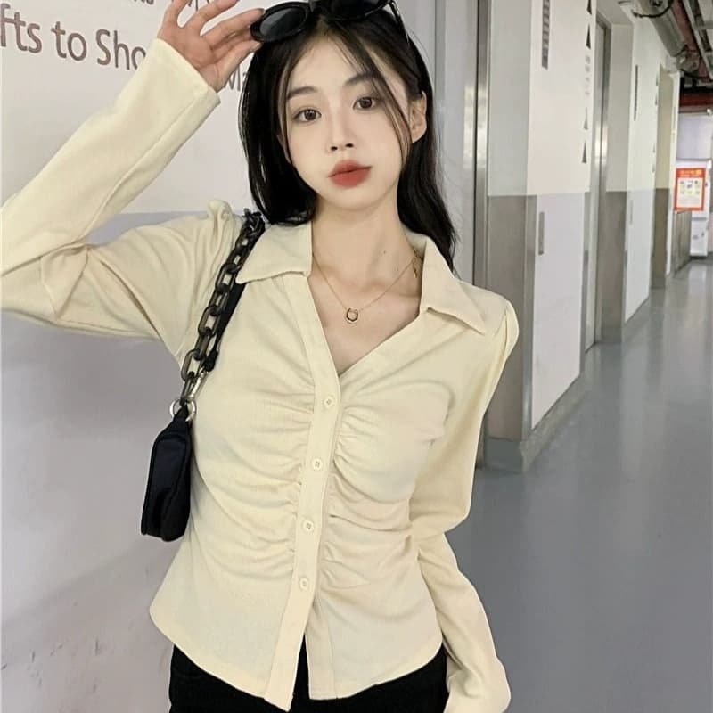 Fashionable Pleated Long Sleeve Slim Fit Women's Base Shirt Autumn Wear 2024 New Style Trendy Top Inner Wear T-shirt