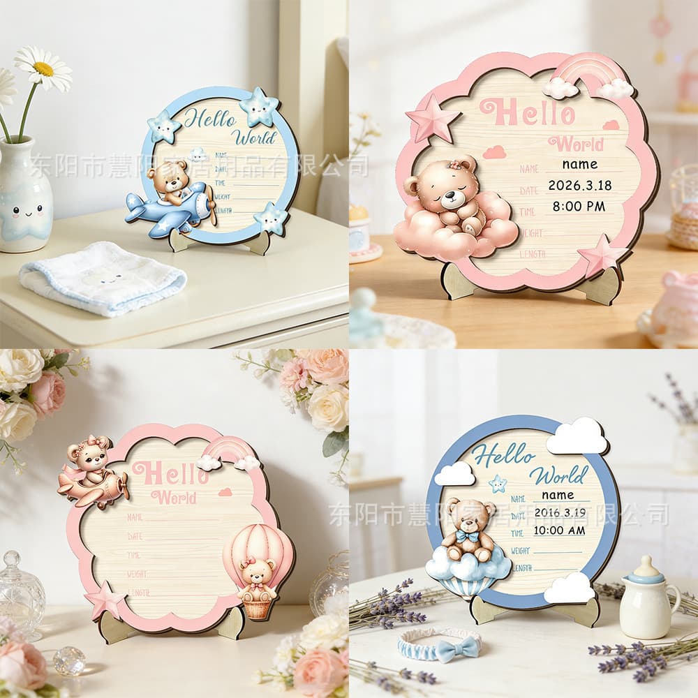 Creative newborn commemorative milestone wooden sign three-dimensional wooden ornaments baby birth announcement board welcome sign