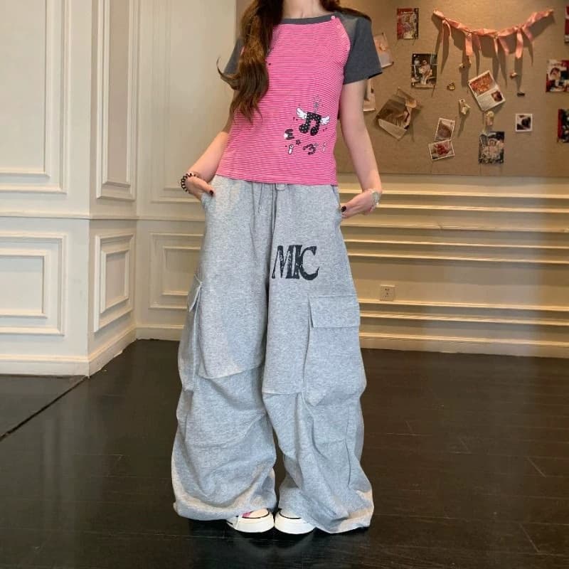 American retro printed overalls for women, loose pleated straight wide leg pants, gray trousers, jazzy sports casual pants