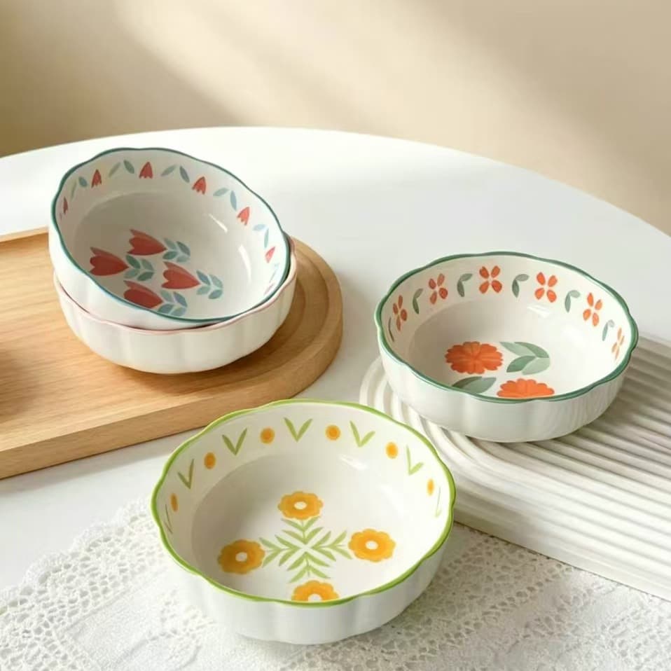6-inch Lace Pattern Clear Jade Bowl Set of 2, Ins Style Light and Fresh Home Use Noodle Bowl Fruit Bowl, Thickened and High Temperature Resistant