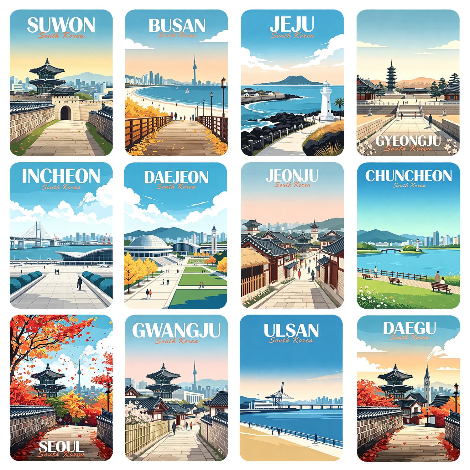 Korean city retro illustration soft magnetic refrigerator sticker Seoul Jeju Busan landmark magnetic sticker Korean travel culture and creativity