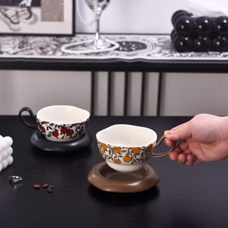 Vintage Coffee Cup and Saucer Set - Orange Cup, Pomegranate Cup, Retro Style Afternoon Tea Cup and Saucer, Coffee Cup, Daji Coffee Cup