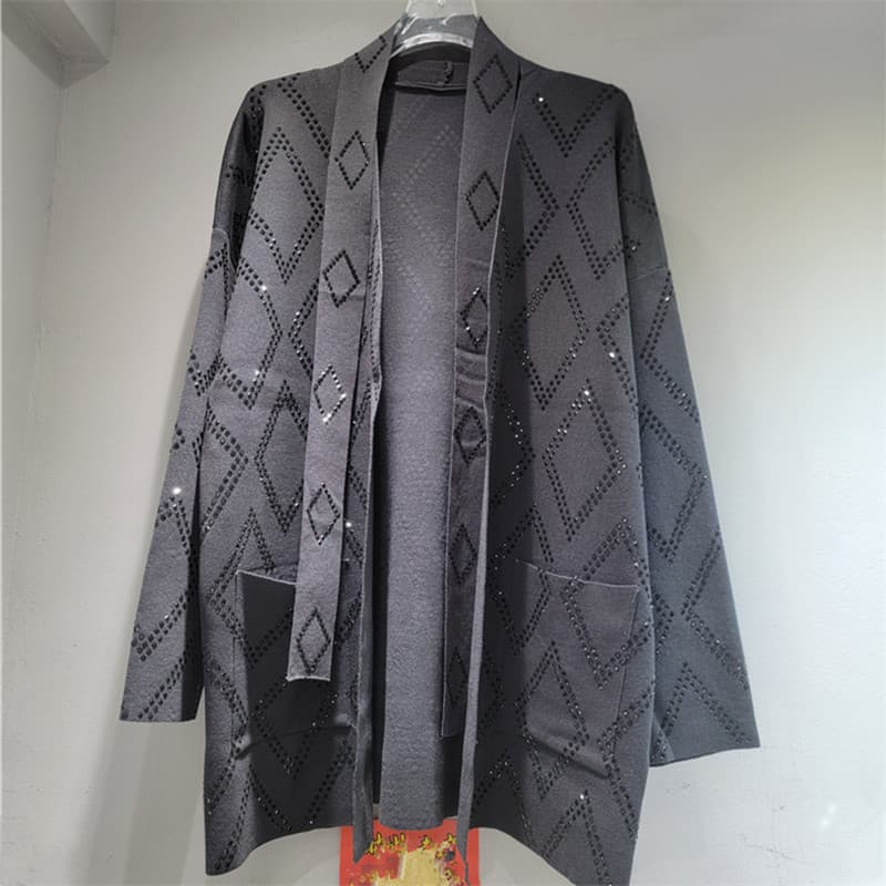 European-American Style Sweater Design New Fashion Knitted Cardigan with Heavy-Duty Diamond Pattern Rhinestone Knit Top Open-Front Cardigan