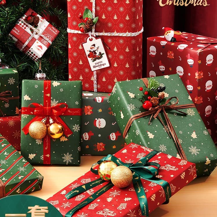 Christmas Gift Wrapping Paper, Kraft Paper Birthday Box with Children's Cartoon Design, Cute Retro Green and Red for Book Wrapping