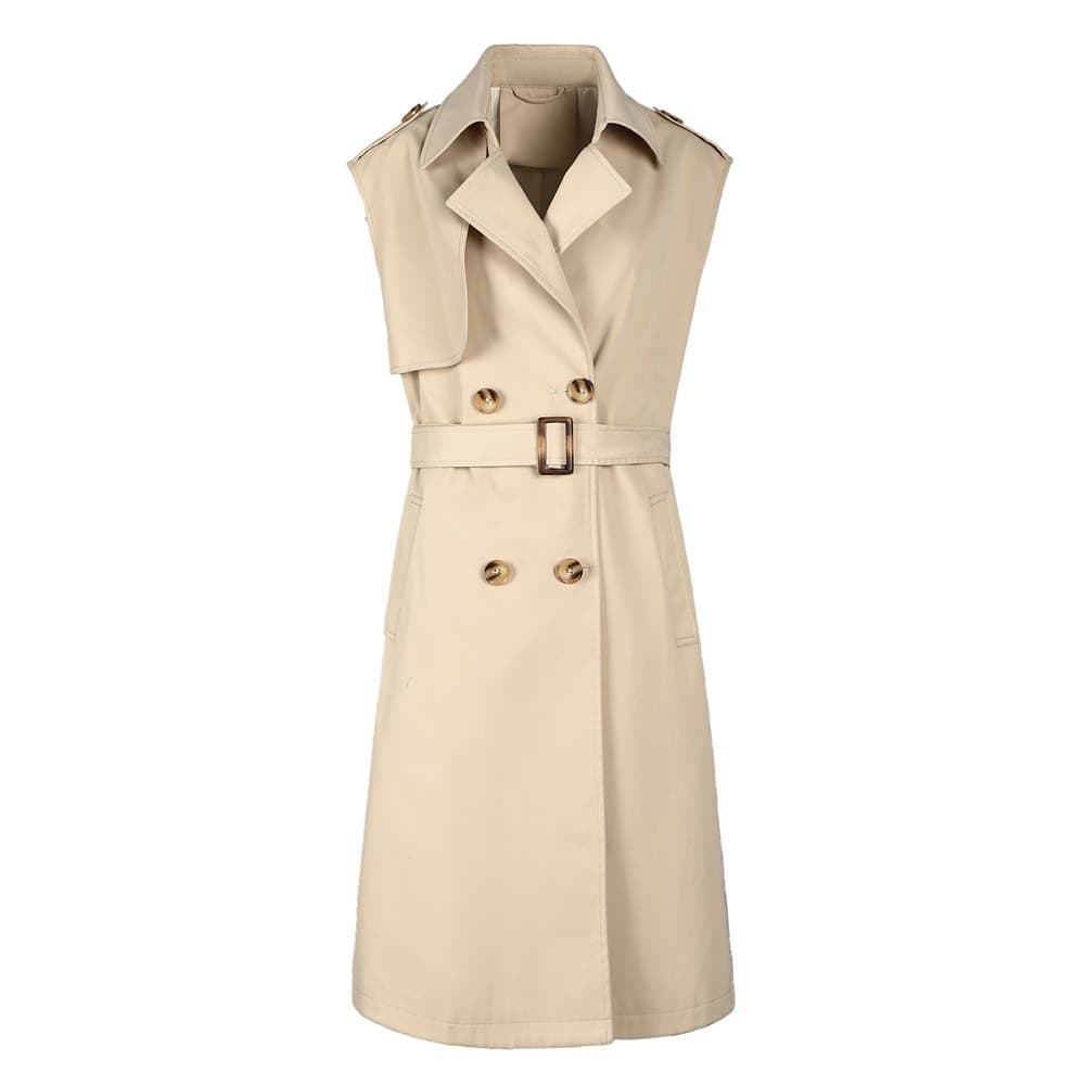 Cross-Border Women's Slightly Plump Tie-Waist Trench Coat Double-Breasted Sleeveless Trench Coat British Style Women's Sleeveless Trench Coat Outerwear