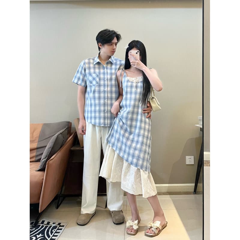 2025 Couple Outfit One Dress One Skirt Strap Women's Fake Two-Piece Dress Men's Short Sleeve Shirt