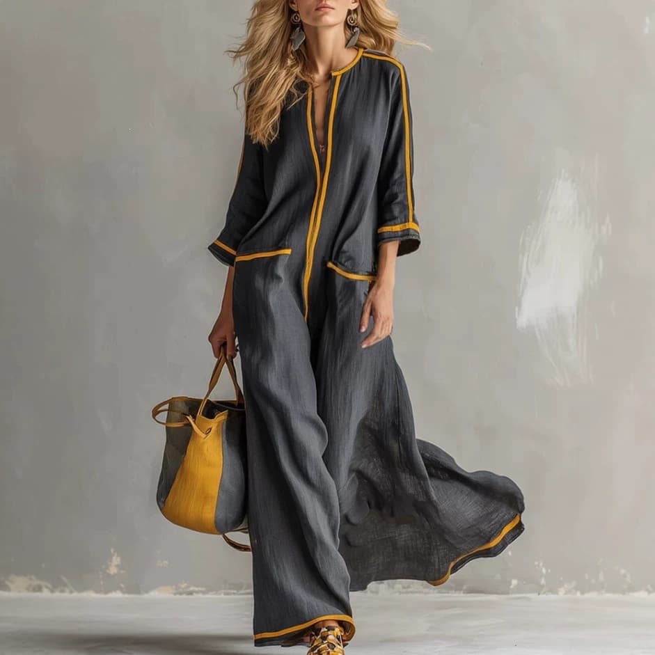 2026 Cross-border Amazon Independent Station Autumn/Winter New Contrast Color V-Neck Medium Long Sleeve Women's Casual Fashion Dress