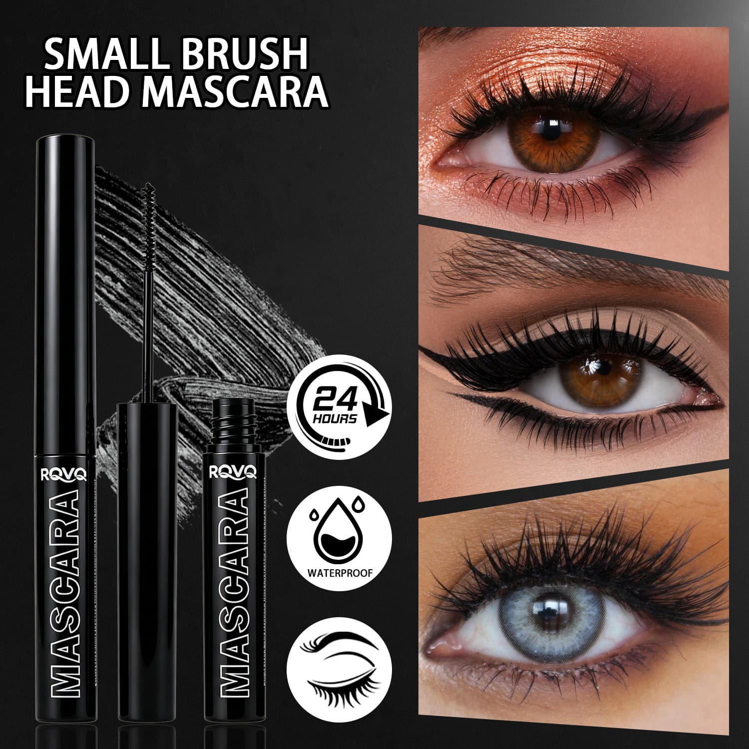 Temu Exclusive RQVQ Fine Brush Head Black Mascara, Long-lasting Curling, Thickening, Waterproof, Non-clumping, Long-wear Mascara