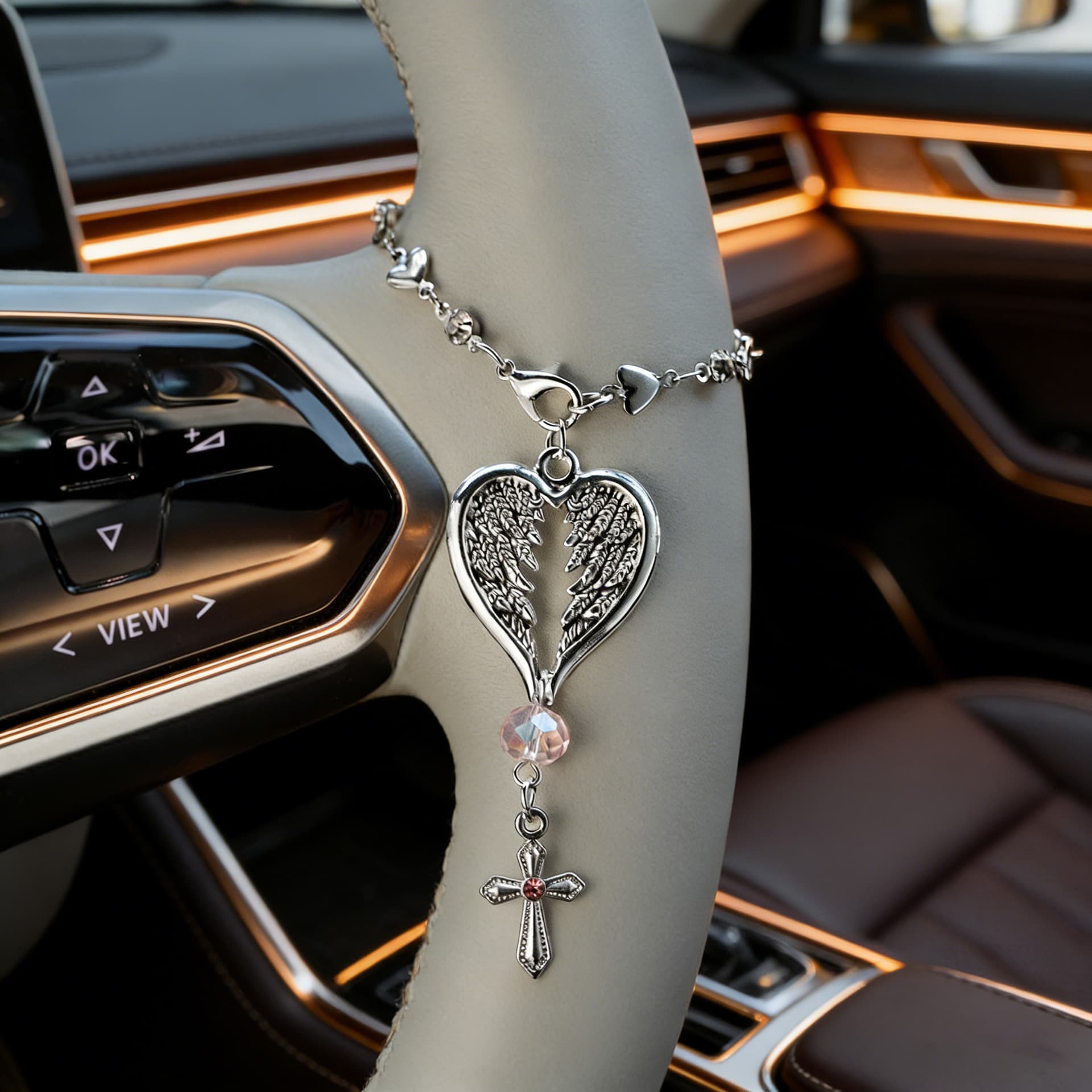 European and American Cross-Border Fashion Personality Alloy Feather Cross Five-Pointed Star Car Accessory Hanging Decoration Trendy Steering Wheel Chain
