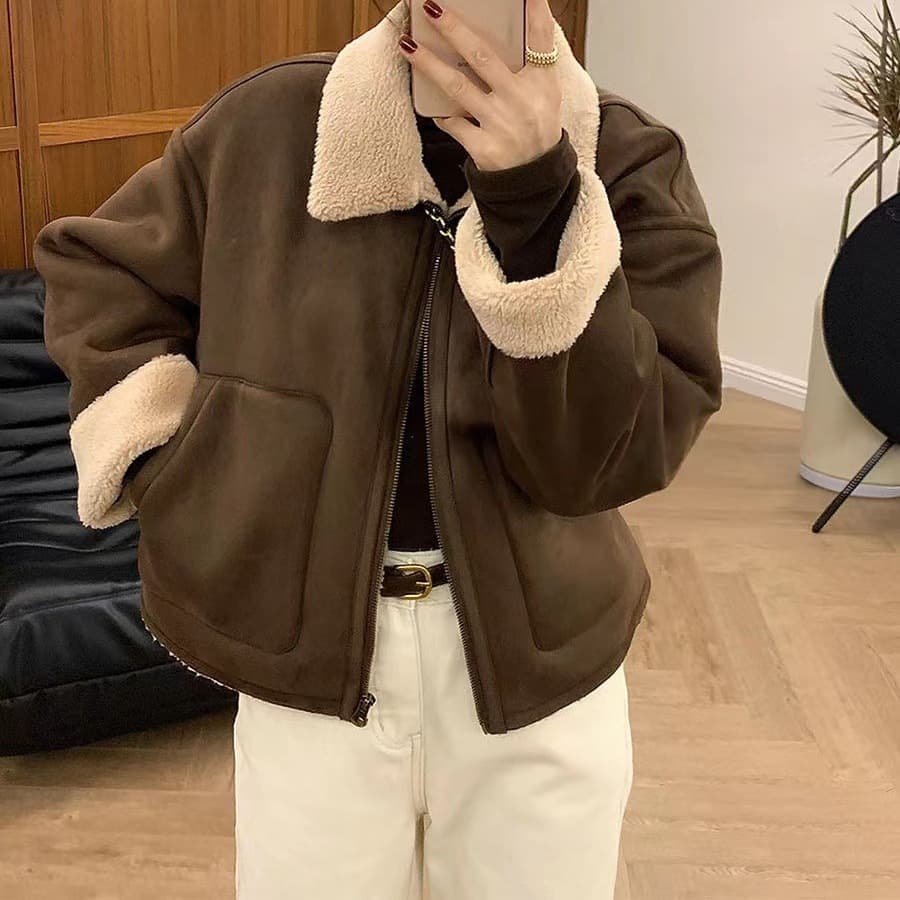 Thickened Warm Lamb Velvet Jacket Women's 2024 Autumn Winter Small Size Motorcycle Style Cotton Coat High Waist Type Short Length