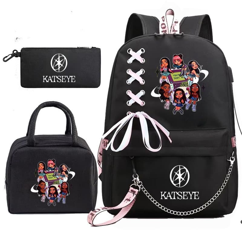 Katseye K-Pop Girl Group Backpack Set for Middle and High School Students, Amazon Double Strap Backpack with Pencil Case, 3-Piece Set 1216