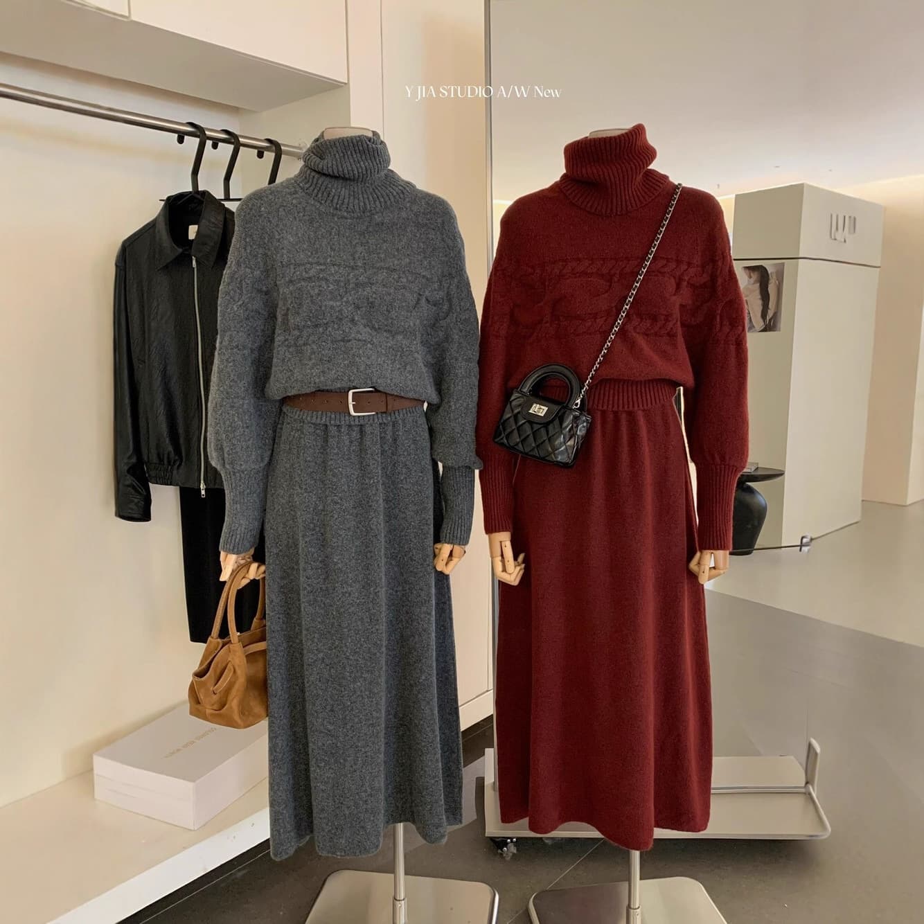 Final Sale No Returns or Exchanges - Lazy Style Cable Knit Batwing Sleeve Sweater + High-Waist Knit Skirt 1272 (with Scarf)