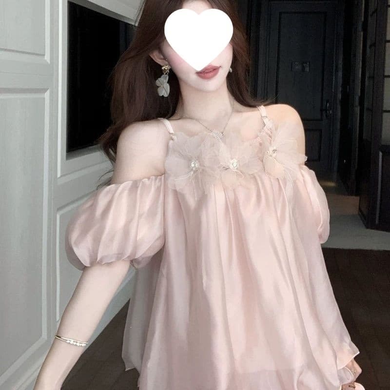 Super fairy puff sleeve pink chiffon women's gentle style 2026 summer fresh and sweet pure desire one-shoulder suspender top