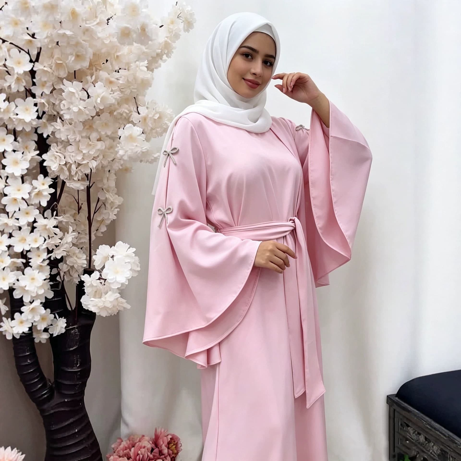 New Cross-Border Women's Fashion Elegant Satin Long Dress with Rhinestone Bow and Flared Sleeves Comfortable Dress K213