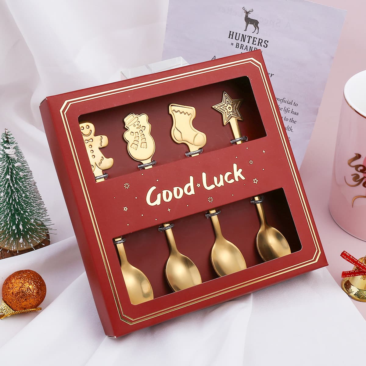Christmas Gift Small Spoons Snowman Spoons Nordic Style Tableware Gift Box 4 Piece Set Gingerbread