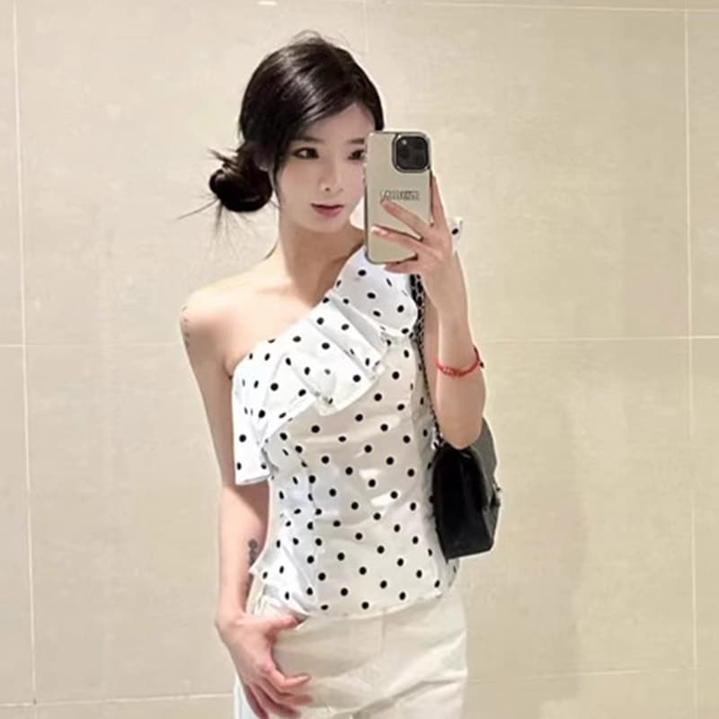 Official Image Actual Price Polka Dot Ruffled Hem T-Shirt Off-Shoulder Blouse for Women Irregular One-Shoulder Elegant Style Shirt Top