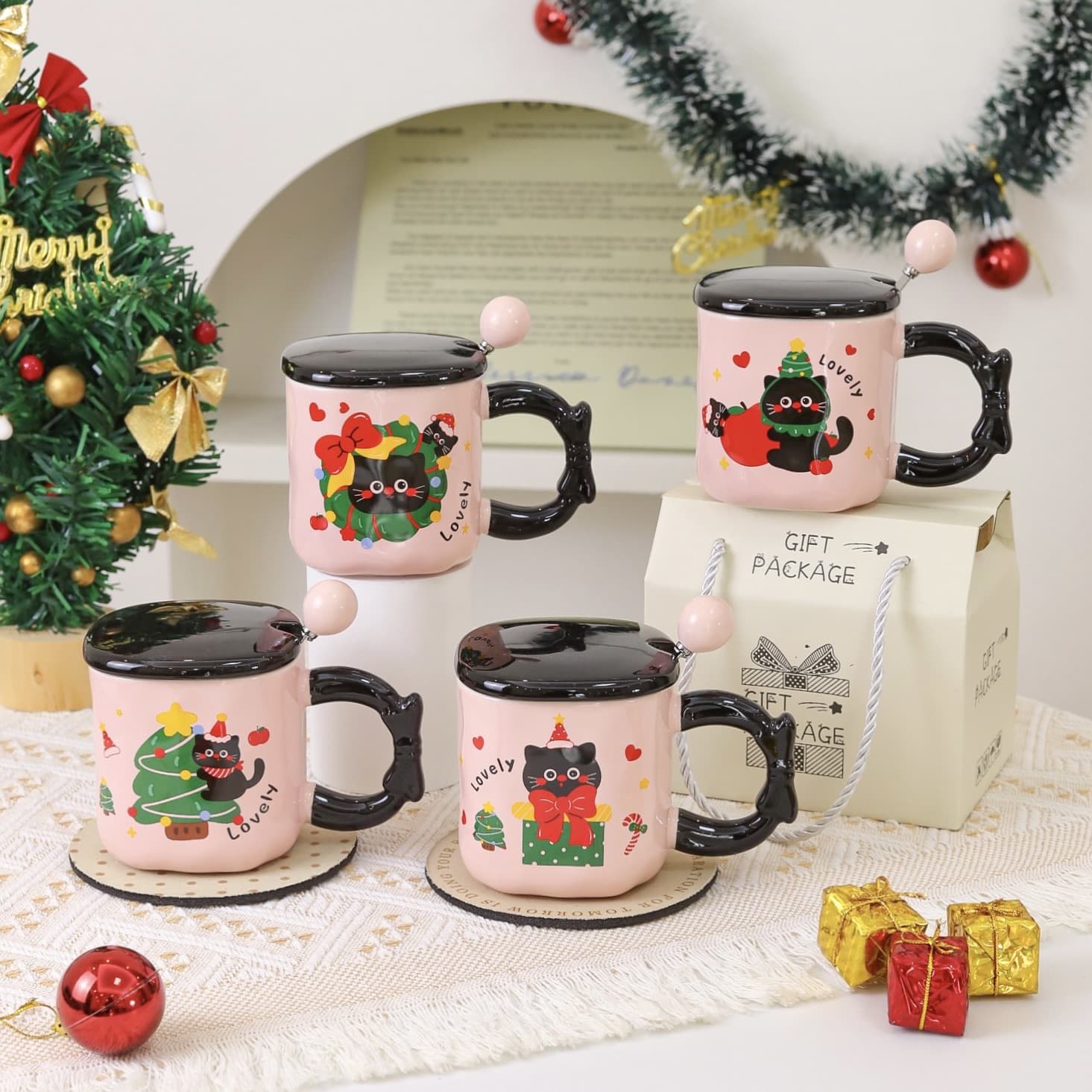 Christmas little black cat ceramic mug with lid, creative style, gift box with stirring spoon, Christmas gift souvenir