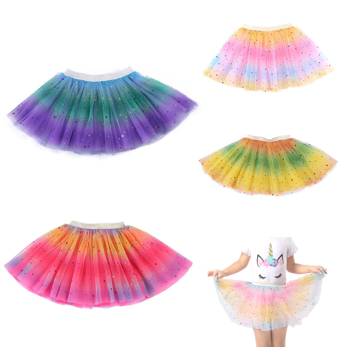 New Style Tulle Skirt for Kids, Rainbow Sequin Tutu Skirt, European and American Puffy Dance Performance Skirt