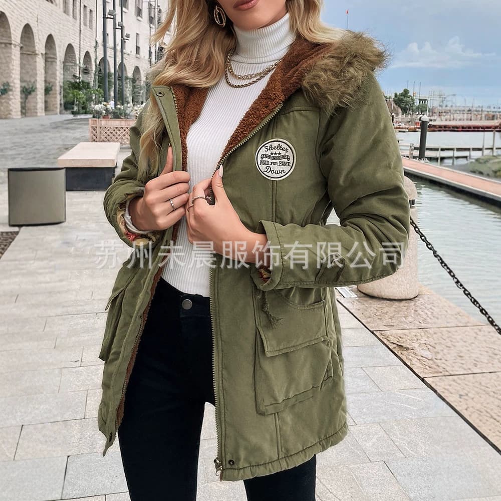 2026 Winter Women's Thick Hooded Faux Fur Collar Mid-Length Cotton Coat with Fleece Lining and Drawstring, Plus Size