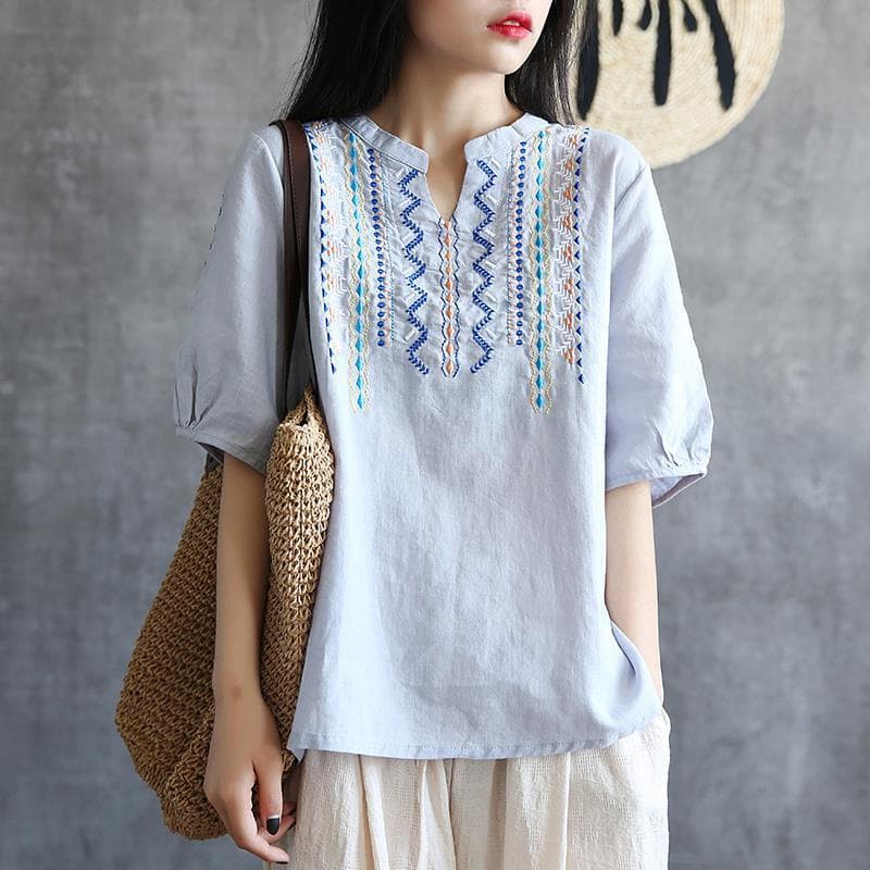 Simple Embroidered Loose Artistic Small V-neck Slub Cotton Top Women's Summer Versatile Retro Cotton Linen Short Sleeve T-shirt