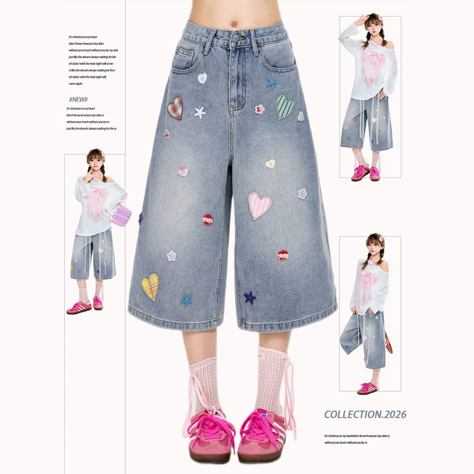 Chao Li You Huo Star Heart Patch 7/8-Length Jeans for Women, New Summer Style, Loose Fit, Slimming Wide-Leg, Versatile