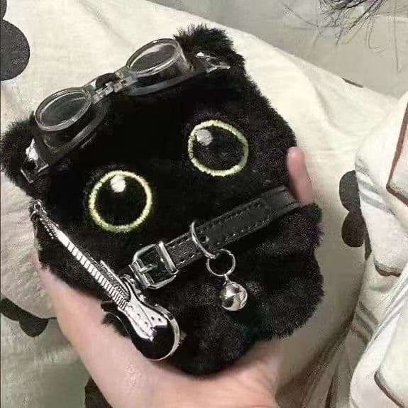 Big-eyed black cat pendant punk style little black cat plush keychain bag pendant rock kitten holiday gift to friends