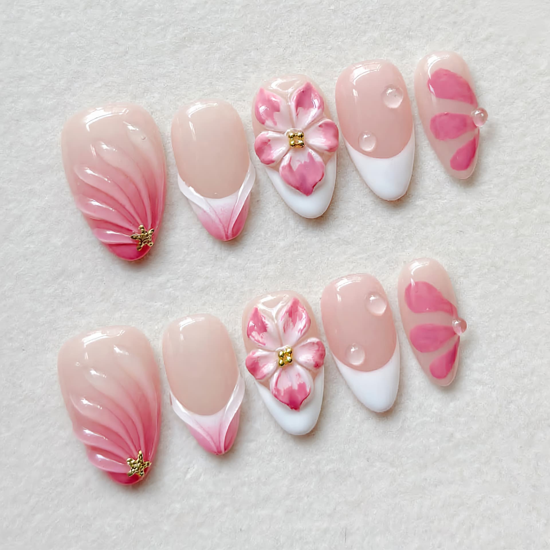 30 cross-border spring/summer hot sweet pink gradient 3D floral almond press-on nail pieces, premium French nail pieces