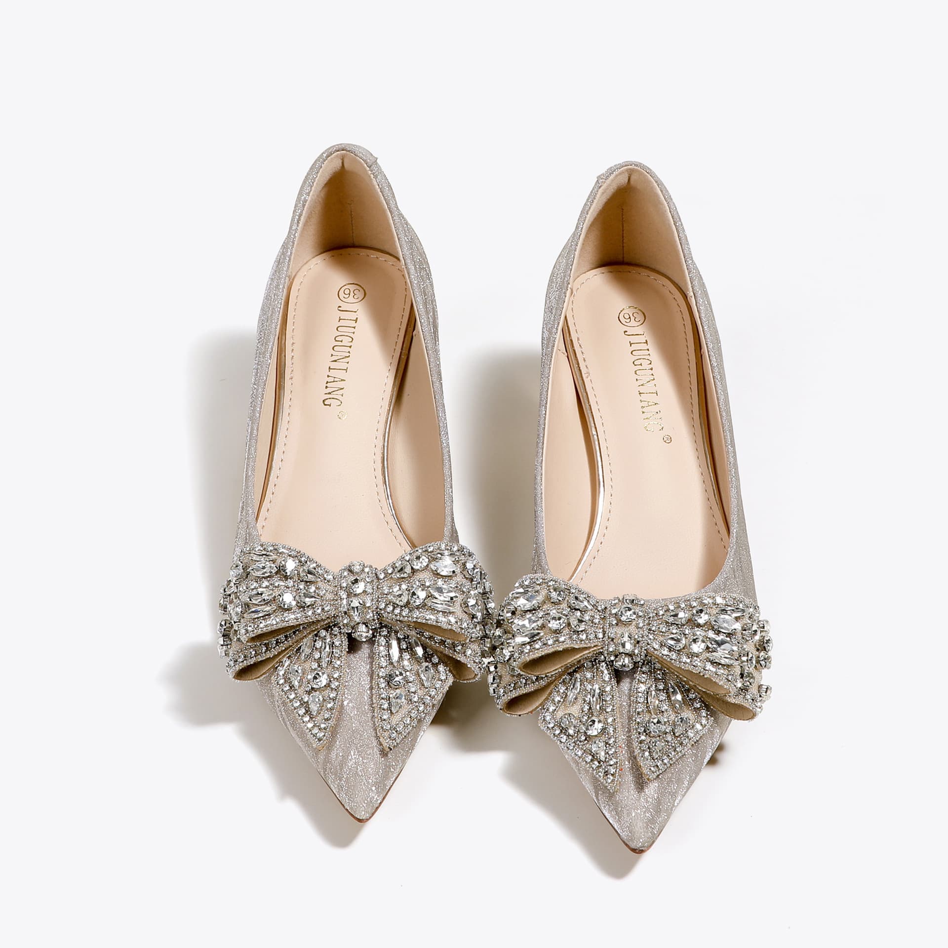 Chunky Heel Plus Size French Crystal Bride Shoes Wedding Shoes New Style Sequins Rhinestone Bow High Heels Women's Pointed Toe Single Shoes