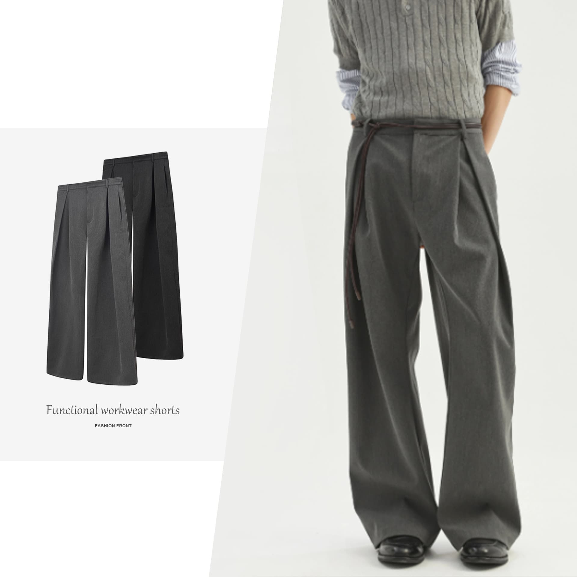 JMWH 3D Box Pleat A-Line Curved Knife Trousers TR Blend Commuter Cleanfit Draped Casual Long Pants