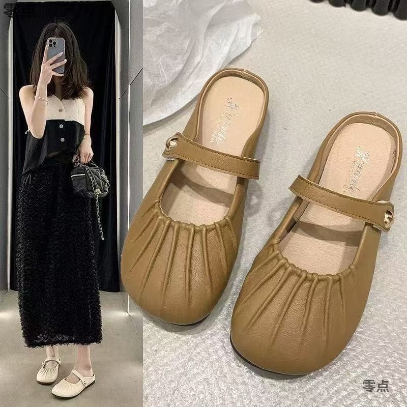 Toe-Cover Sandals Summer Outdoor Beach Retro Style Anti-Slip New "Step-on-Poop" Feel Women's Half Slippers to Pair with Skirts