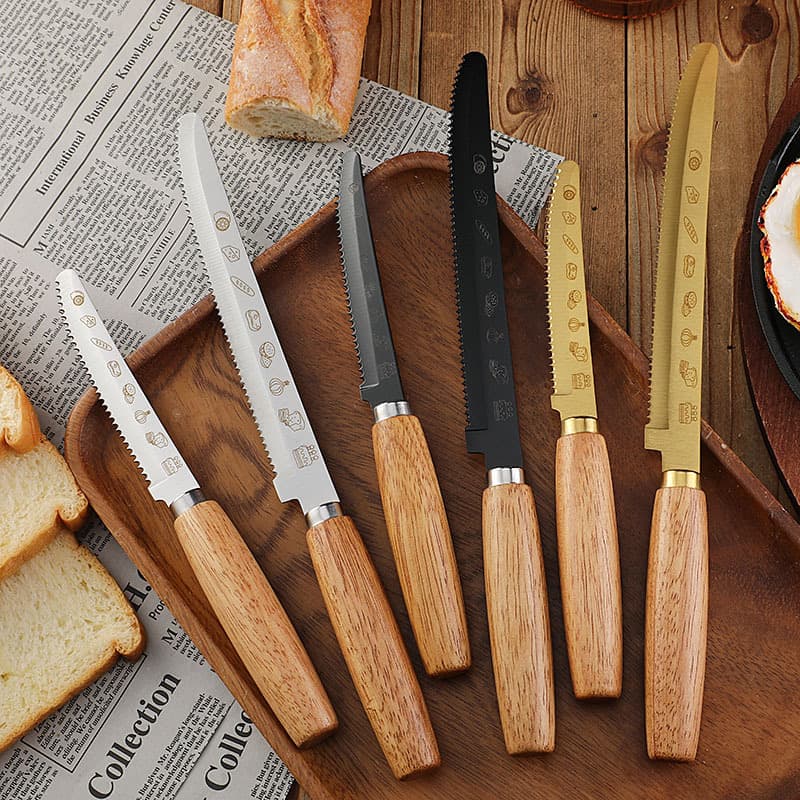 Factory In-Stock Baguette Bread Knife, Cake and Toast Slicing Knife, Baking Serrated Knife, Rubber Wood Handle Cutlery, Steak Knife