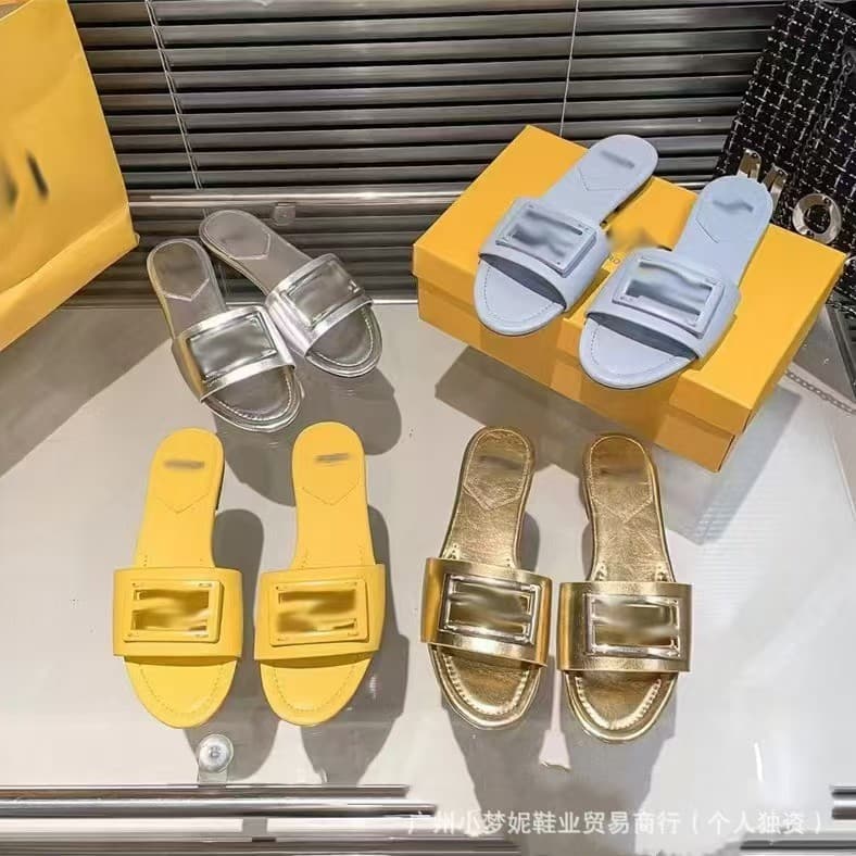 In Stock! European and American 2026 Summer New F Brand Slippers Women Outdoor Flat Letter Buckle One-Strap Candy Color Cool Slippers