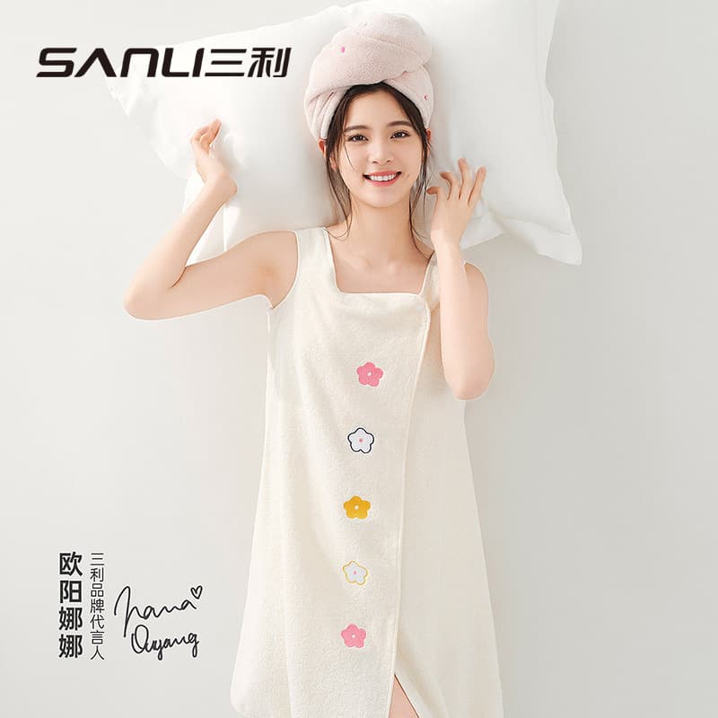 Sanli Towel New Women's Bath Skirt Cotton Bathrobe with Strap, Cartoon Embroidery Bath Towel, Tube Top Adult Bath Wrap